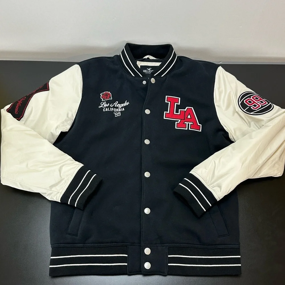 Hollister LA Varsity Bomber Jacket‎ Black Cream Size Large Snap Front Streetwear